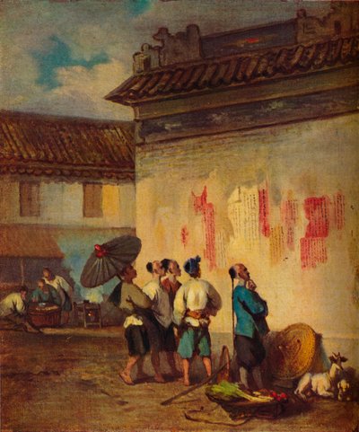 Koelies lezen een proclamatie, Macao door George Chinnery