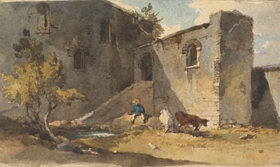Figuur met vee in de schaduw van een gebouw door George Chinnery