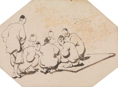 Groep van zeven mannen aan het gokken door George Chinnery