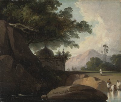 Indiaas landschap met tempel door George Chinnery