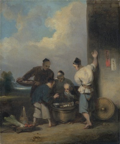 Mannen rond de kraam van de voedselverkoper door George Chinnery