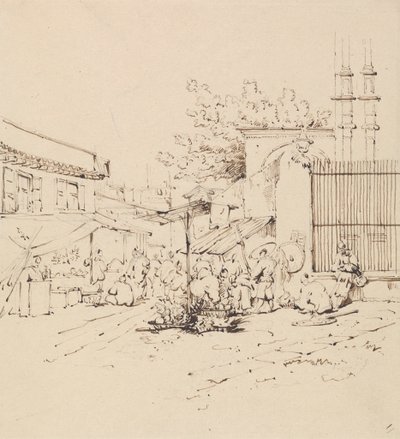 Straatscène met Handelaren die Waren Verkopen door George Chinnery