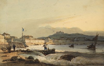 De Praya Grande, Macao, vanuit het zuiden, met Fort St. Peter links, 1830-1845 door George Chinnery