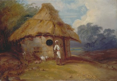 Uitzicht in Zuid-India, met een krijger buiten zijn hut door George Chinnery