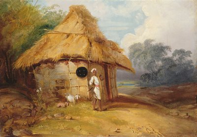 Uitzicht in Zuid-India, met een krijger buiten zijn hut door George Chinnery