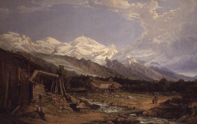 Alpenlandschap met figuren bij een bergstroom door George Clarkson Stanfield