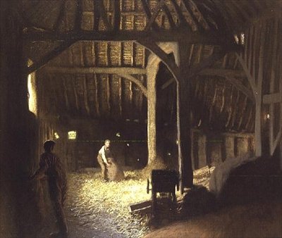 Schuurinterieur met werkende jongens door George Clausen