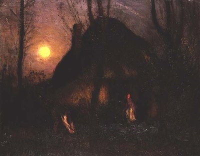 Cottage bij maanlicht door George Clausen