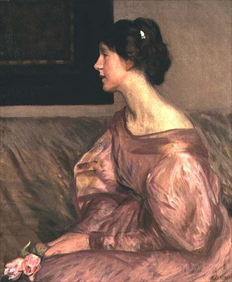 Portret van een dame zittend, half lengte in profiel met twee roze rozen en een roze jurk door George Clausen
