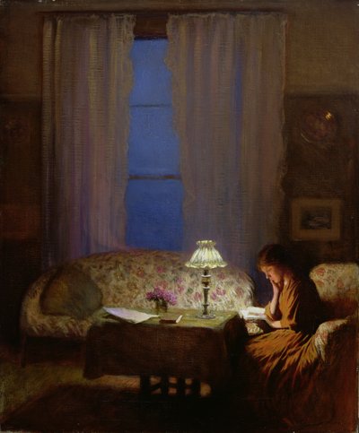Lezen bij lamplicht (schemering: interieur) door George Clausen