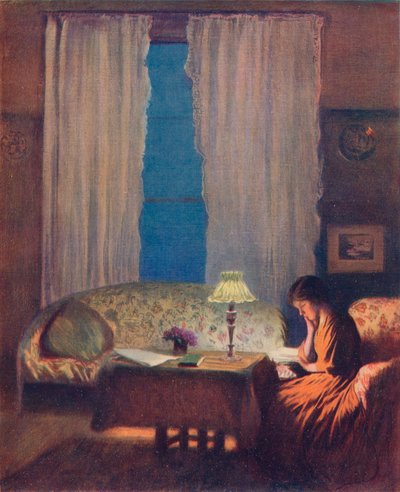 Lezen bij lamplicht: Interieur, 1909 door George Clausen