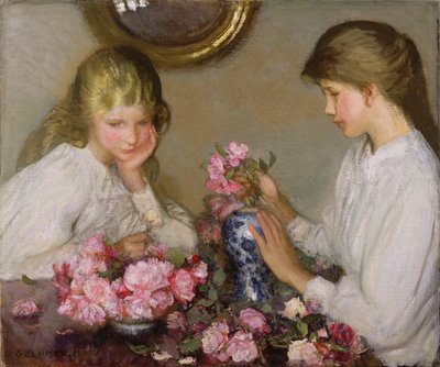 Twee Meisjes die Bloemen Schikken door George Clausen
