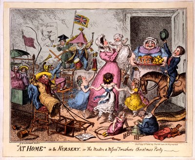 THUIS in de KINDERKAMER, of Het kerstfeest van de meesters en juffrouwen twee schoenen, 1835 door George Cruikshank