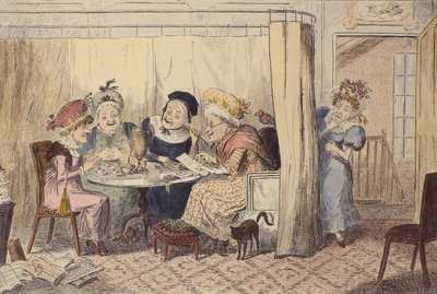 "Een nieuwsgierig gezelschap van lasterende elfen of luisteraars horen zelden goed van zichzelf", 1835 door George Cruikshank