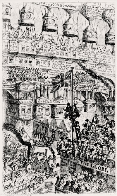Een Malthusiaanse kijk op een overvol Londen, Engeland, van de toekomst, naar de geschriften van Thomas Malthus door George Cruikshank