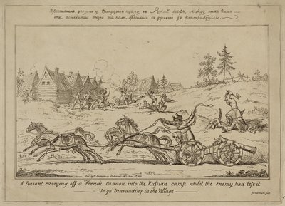 Een boer die een Frans kanon naar het Russische kamp brengt terwijl de vijand het dorp plundert, gepubliceerd op 8 juni 1813 door George Cruikshank