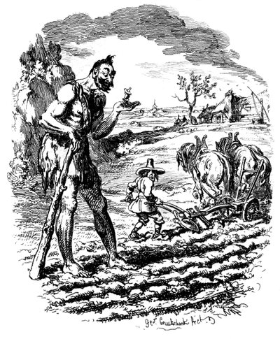 Een reus staat in een veld terwijl een boer ploegt, 19e eeuw door George Cruikshank
