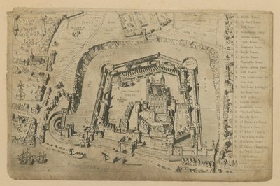 Een uitzicht op de Tower of London in 1553 door George Cruikshank