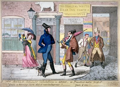 Anglo-Gallic salutations in London, or, practice makes perfect, 1822 door George Cruikshank