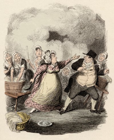 In het hospice wordt Monsieur Bumble streng afgewezen door zijn vrouw, Madame Corney - Mr Bumble vernederd in de ogen van de armen - Illustratie voor "Oliver Twist" (Olivier) (De avonturen van Oliver Twist) door Charles Dickens (1812-1870), door George Cru door George Cruikshank