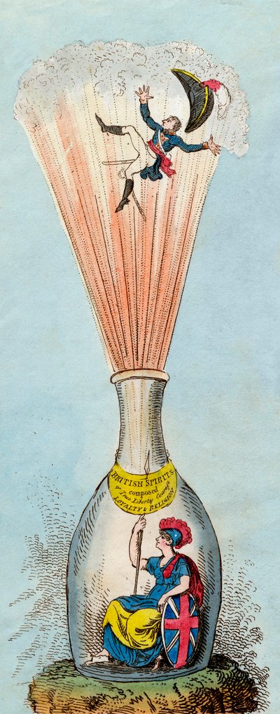 Britannia blaast de Corsicaanse flesgoochelaar op - 1803 - Britse satirici vielen voortdurend de legitimiteit van het Napoleontische regime aan - door George Cruikshank door George Cruikshank