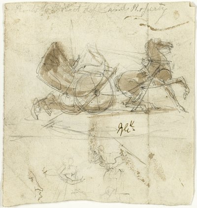 Karikatuur van zichzelf (recto); Cabine gegooid door een paard, met andere schetsen (verso) door George Cruikshank