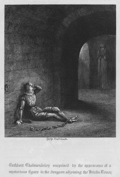 Cuthbert Cholmondeley verrast door de verschijning van een mysterieuze figuur in de kerker naast de Devilin Tower (gravure) door George Cruikshank