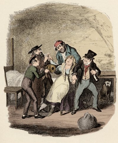 Fagin, Charley Bates, Kikes en Dawkins reanimeren Nancy - Meneer Fagin en zijn leerling reanimeren Nancy - Illustratie voor 