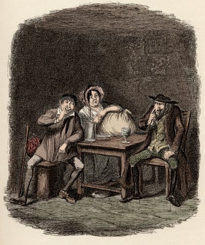 Fagin die zaken doet met Morris Bolter, alias Noe Claypole, en Charlotte - De Jood en Morris Bolter beginnen elkaar te begrijpen - Illustratie voor "Oliver Twist" door Charles Dickens door George Cruikshank