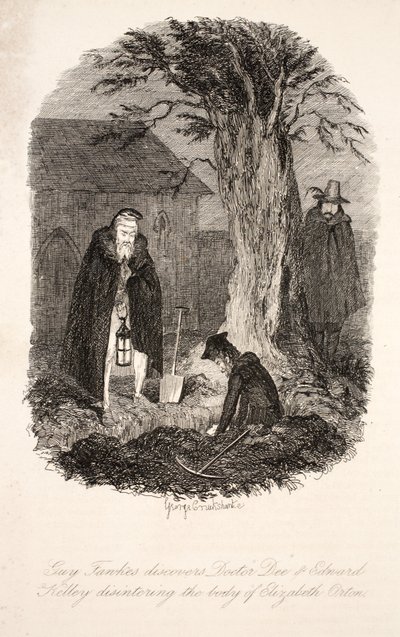 Guy Fawkes ontdekt Doctor Dee & Edward Kelley die het lichaam van Elizabeth Orton opgraven, illustratie uit Guy Fawkes, of het Buskruitverraad: een Historische Romance, door William Harrison Ainsworth door George Cruikshank