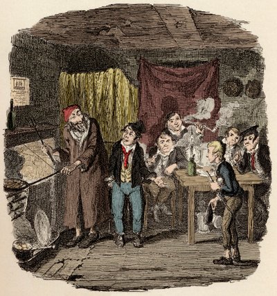 In Londen, Jack Dawkins genaamd de Vos presenteert Oliver aan Fagin en zijn team van misdadigers - Oliver geïntroduceerd aan de respectabele oude heer - Illustratie voor 