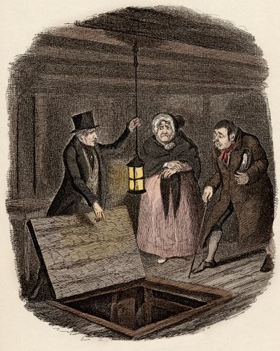 In aanwezigheid van Monsieur Bumble en Madame Corney vernietigt Monks het medaillon van Oliver Twist - Het bewijs vernietigd - Illustratie voor 