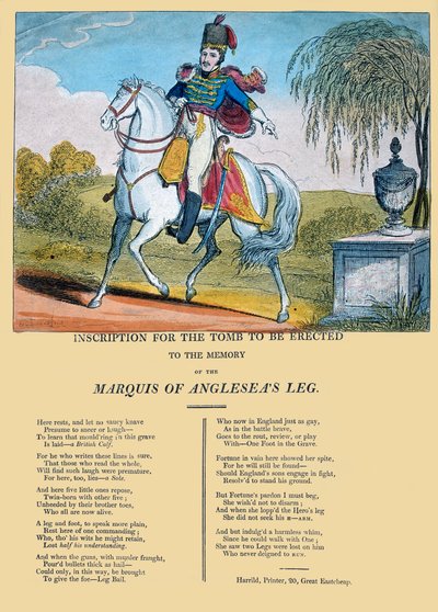 Inscriptie voor het graf ter nagedachtenis aan het been van de Markies van Anglesea, gepubliceerd door R. Harrild, c.1815 door George Cruikshank