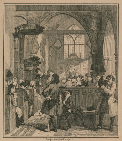 Jack Sheppard pleegt de overval in de kerk van Willesden door George Cruikshank
