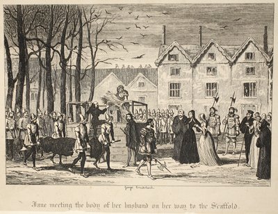 Jane ontmoet het lichaam van haar man op weg naar het Schavot, uit De Toren van Londen door George Cruikshank