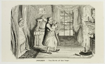Januari - De geboorte van het jaar uit de Steel Etchings van George Cruikshank in The Comic Almanacks: 1835-1853 door George Cruikshank