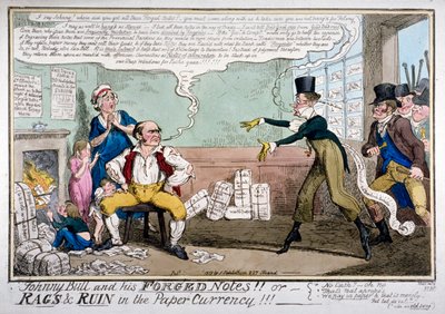 Johnny Bull en zijn vervalste bankbiljetten!!!, 1819 door George Cruikshank