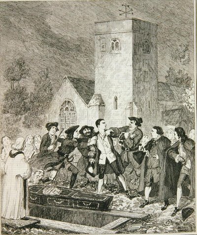 Jonathan Wild grijpt Jack bij de begrafenis van zijn moeder op het kerkhof van Willesden, illustratie uit 