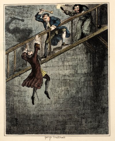 Jonathan Wild gooit Sir Rowland Trenchard in de put, illustratie uit 