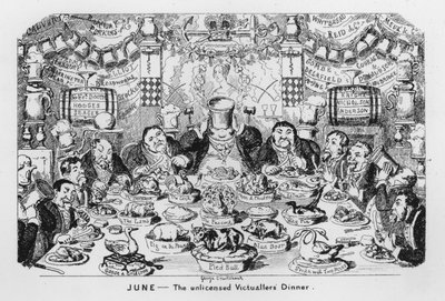 Juni, het diner van de ongeoorloofde herbergiers door George Cruikshank