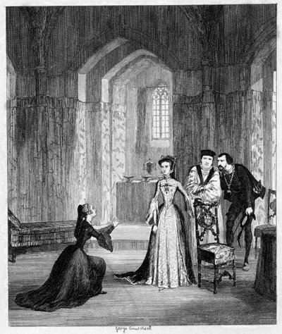 Lady Jane Grey smeekt koningin Mary om het leven van haar man te sparen, 1554, 1840 door George Cruikshank