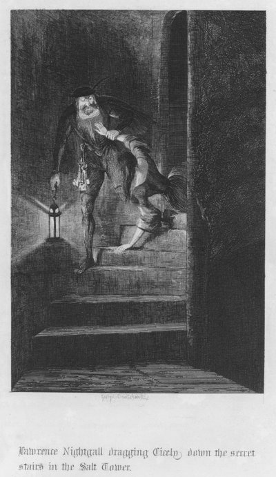 Lawrence Nightgall sleept Cicely de geheime trap af in de Zouttoren (gravure) door George Cruikshank