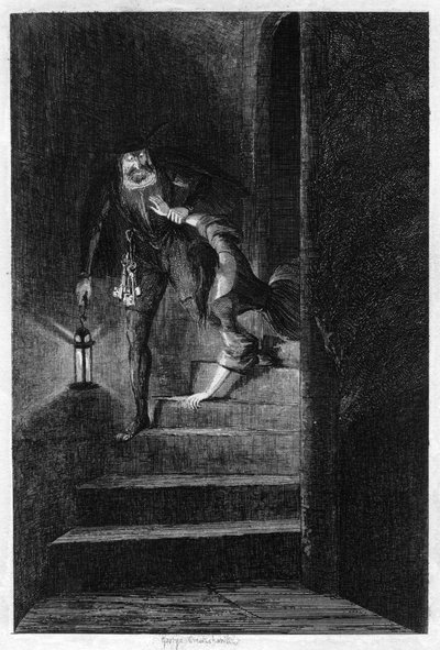Lawrence Nightgall sleept Cicely de geheime trap af in de Salt Tower, 1840 door George Cruikshank