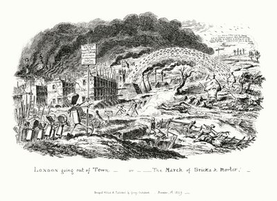 Londen gaat de stad uit, of de mars van bakstenen en mortel (gravure) door George Cruikshank