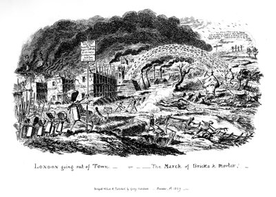 Londen verlaat de stad - of De mars van bakstenen en mortel, 1829 door George Cruikshank