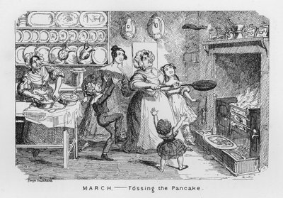 Maart, pannenkoeken gooien door George Cruikshank