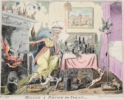 Een recept voor likdoorns mengen, gepubliceerd 1835 door George Cruikshank