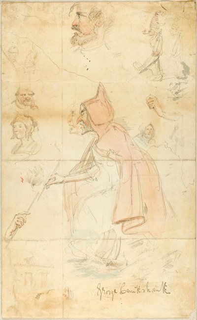 Moeder Shipton (recto); Blad met schetsen: Fleur-de-Lis en figuren (verso) door George Cruikshank