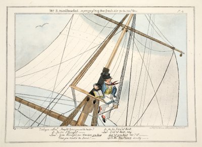De Heer B. Op de Mast - of, genietend van de frisse lucht voor de 304e keer, uit De Voortgang van een Adelborst, 1835 door George Cruikshank
