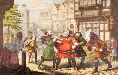 Mrs Quickly laat Sir John Falstaff arresteren in Henry IV, Deel 2, uit 